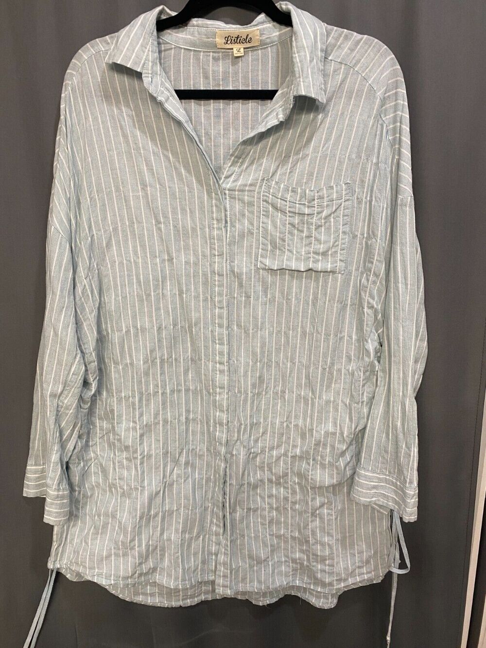 Listicle Top Shirt Women's Large Blue Striped Button Up Long Sleeve Collared B82